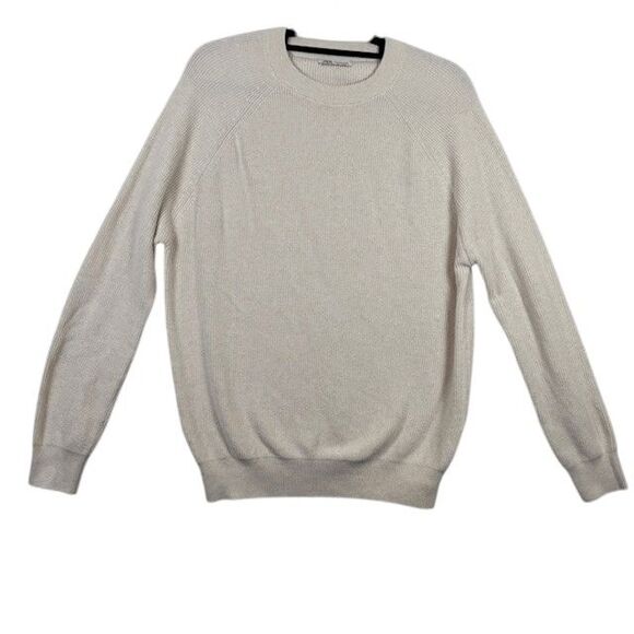 ZARA Men's Rib Knit Raglan Sweater Cream Crew Neck Size Medium - Picture 1 of 9